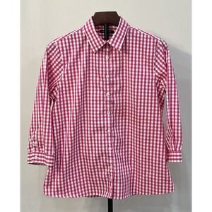 LANDS' END Women's Blouse No Iron Supima Long Sleeve Size 8 Button Up Pink/White